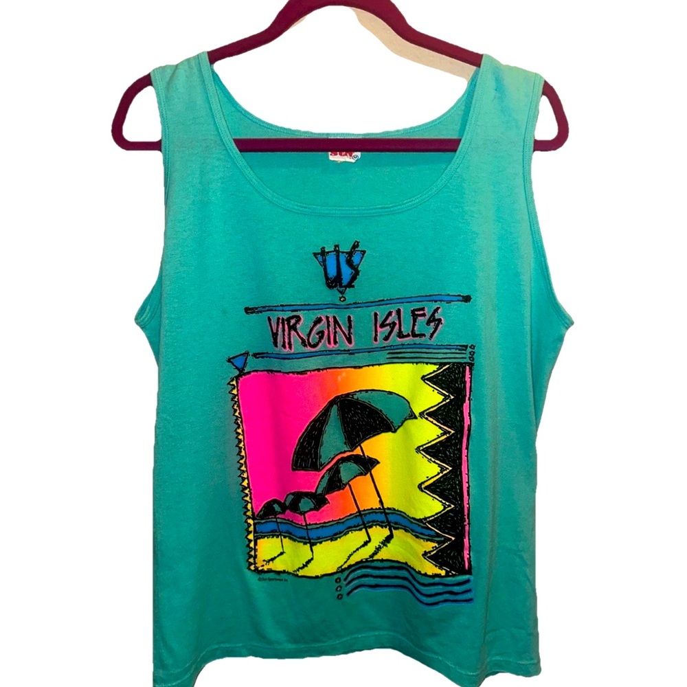 VTG 90s Sun Sportswear Beach Tank top Sz M Virgin Isles Muscle Shirt Aqua Green
